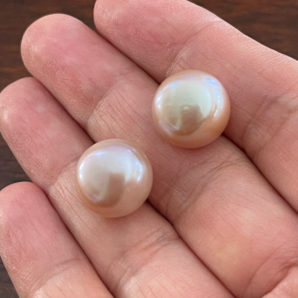 High quality 13.3mm peachy pink freshwater pearl sterling silver stud earrings